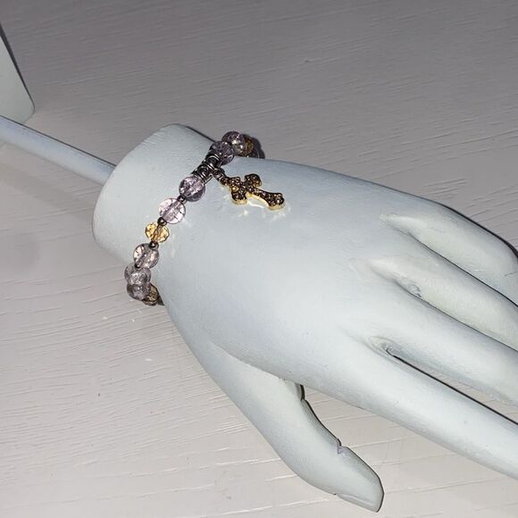 Elegant Beaded Bracelet with Cross Charm Gold Tone Clear Tan Beads - Picture 1 of 8